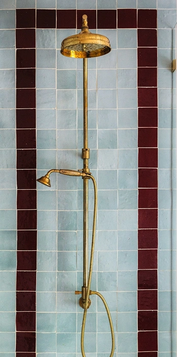 Blue and dark red zellige tiles on shower wall